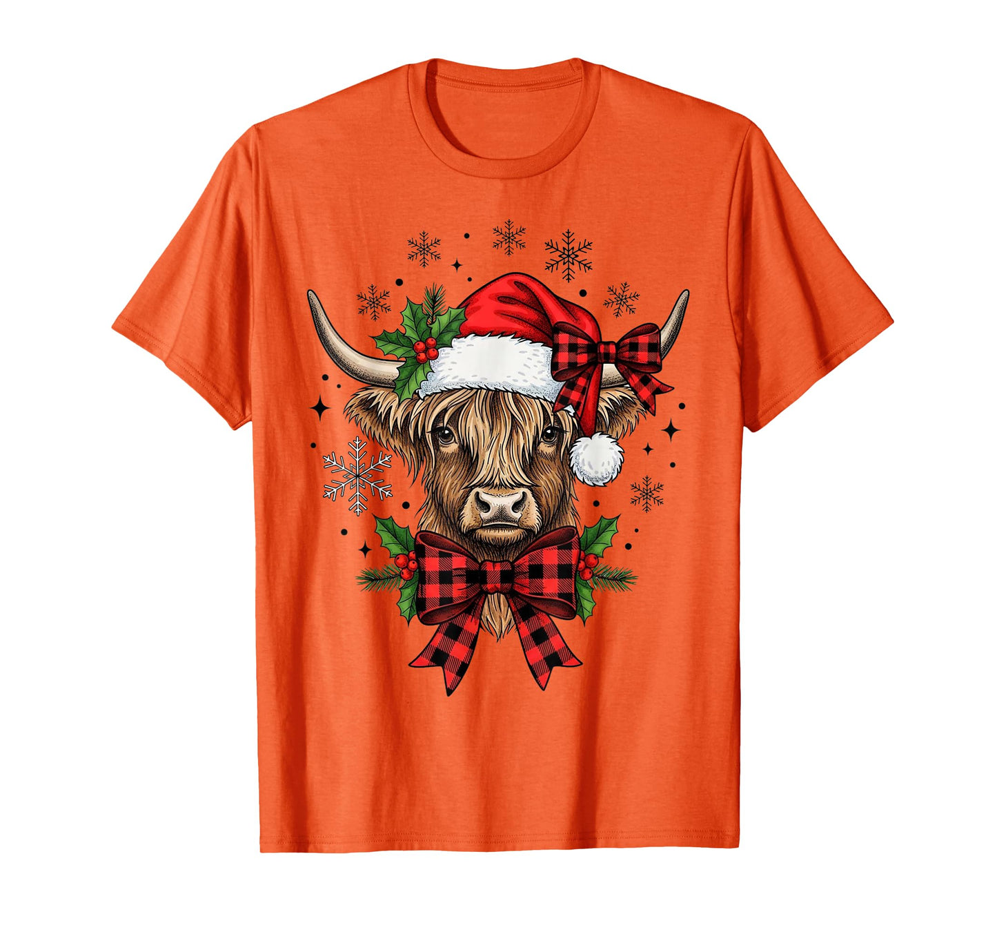 Christmas Highland Cow Santa Hat Buffalo Plaid Bow Holiday T-Shirt