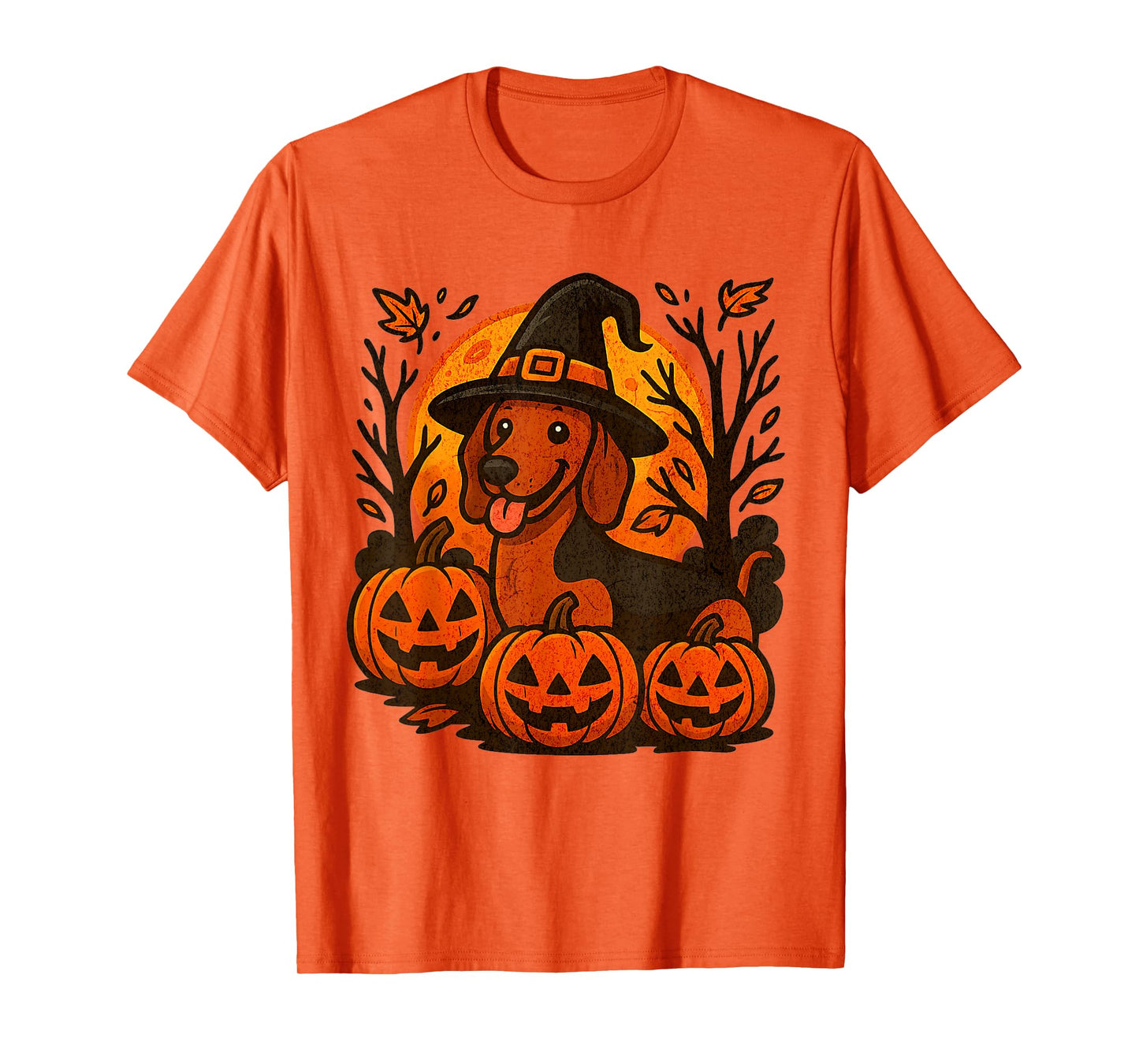 Halloween Dachshund Witch Hat Pumpkins Autumn Leaves T-Shirt