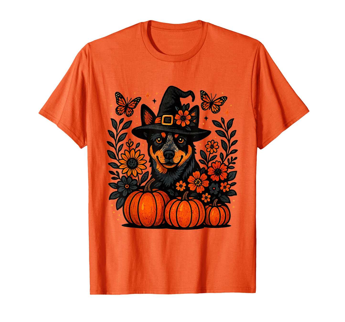 Halloween Blue Heeler Dog Witch Hat Pumpkins Autumn Flowers T-Shirt