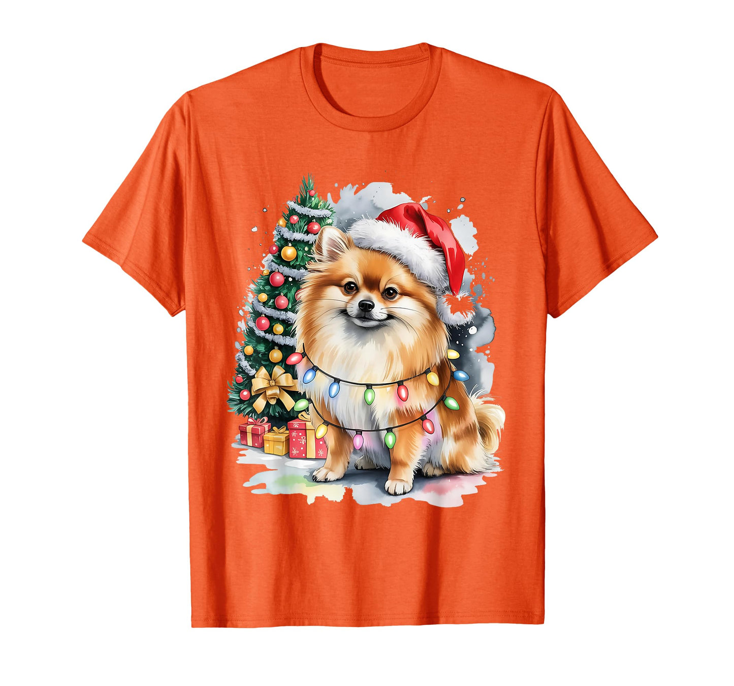 Funny Cute Santa Pomeranian Dog Tangled in Christmas Lights T-Shirt