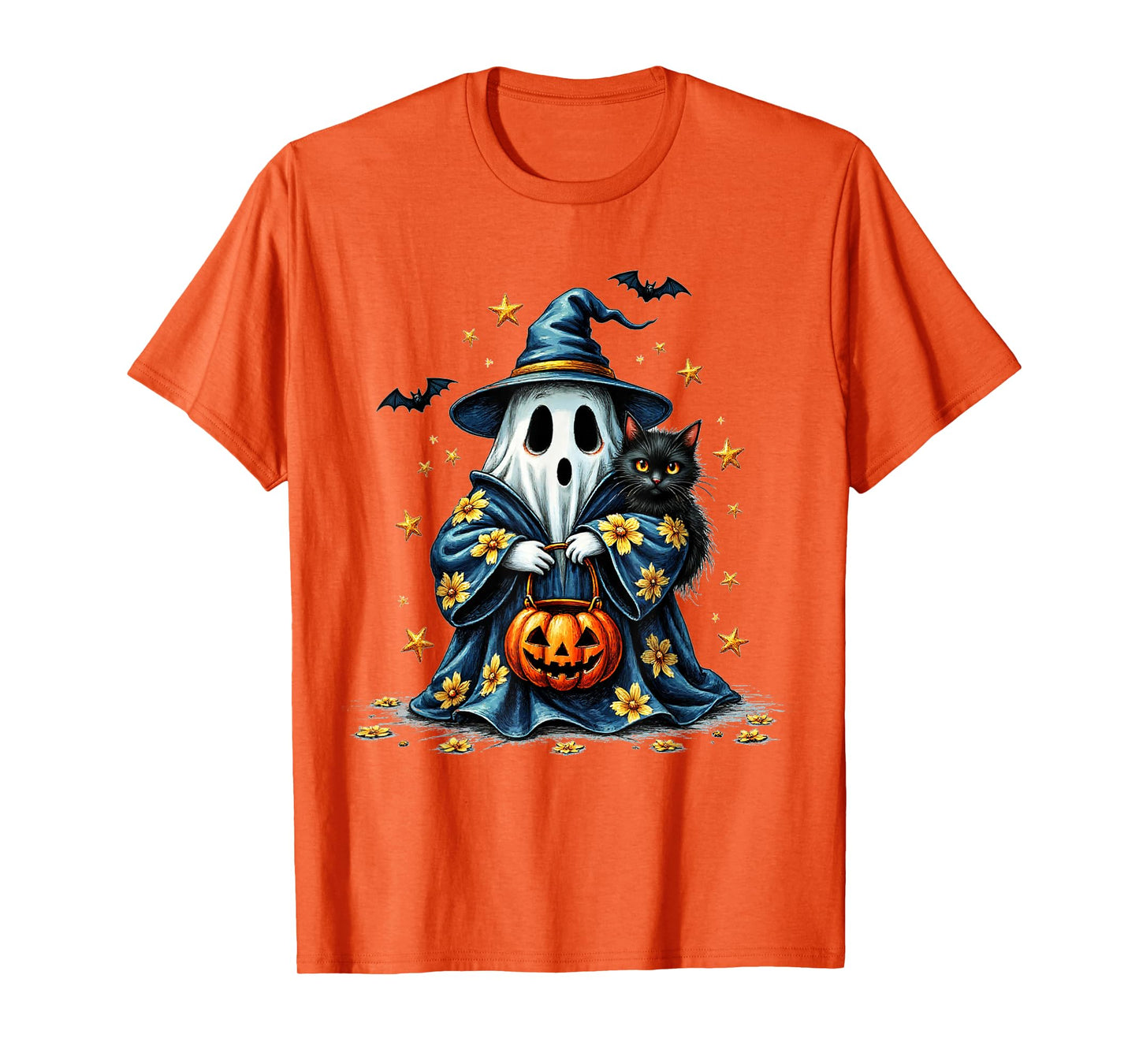Ghost Holding Black Cat Lover Halloween 2025 Groovy Floral T-Shirt