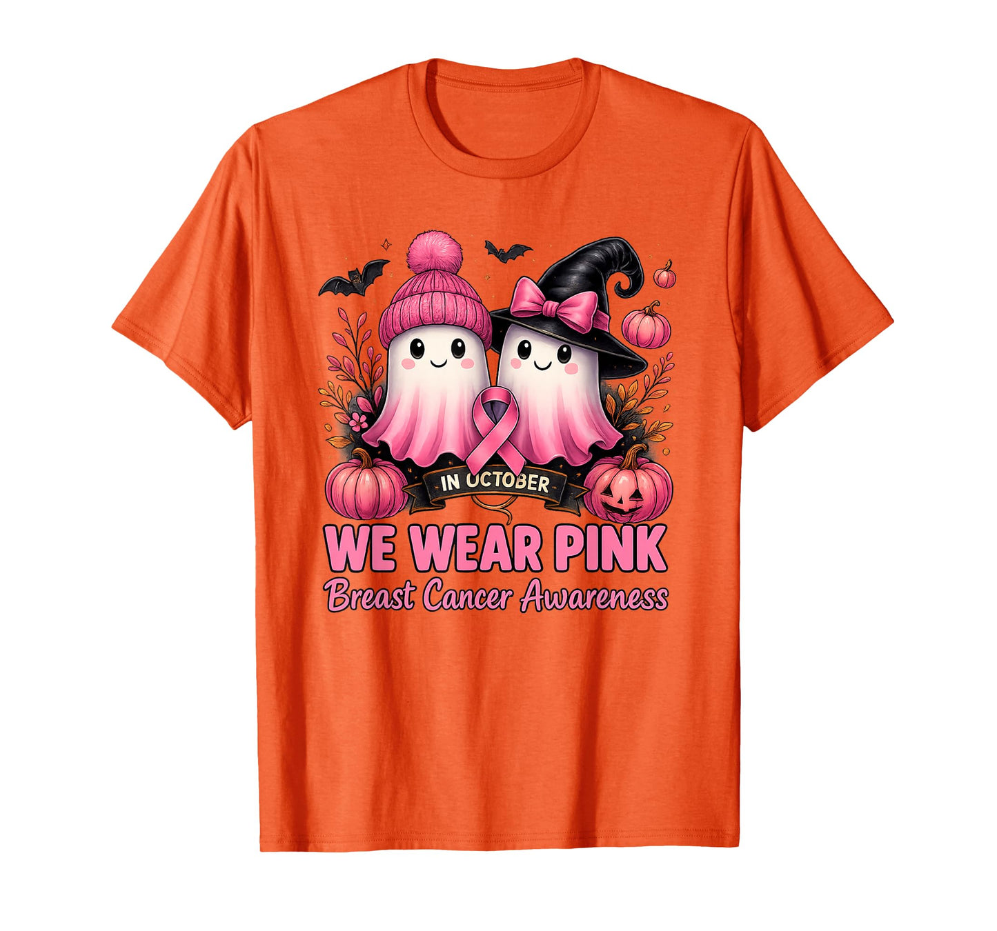 in October We Wear Pink Ghost Witch Breast Cancer Awareness T-Shirt