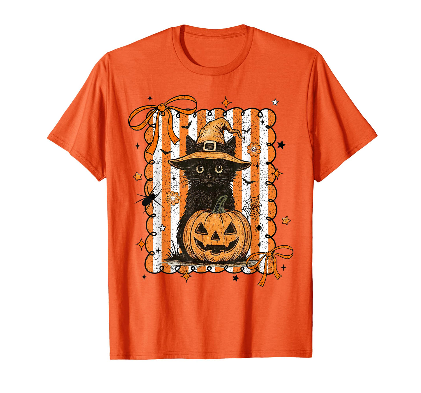 Coquette Bow Black Cat and Pumpkin Retro Halloween T-Shirt
