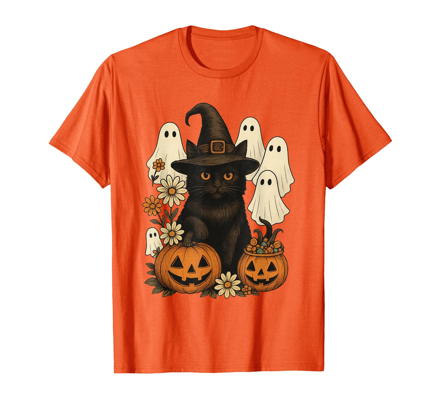 Retro Black Cat Witch Scary Halloween Pumpkin Women Men Kids T-Shirt
