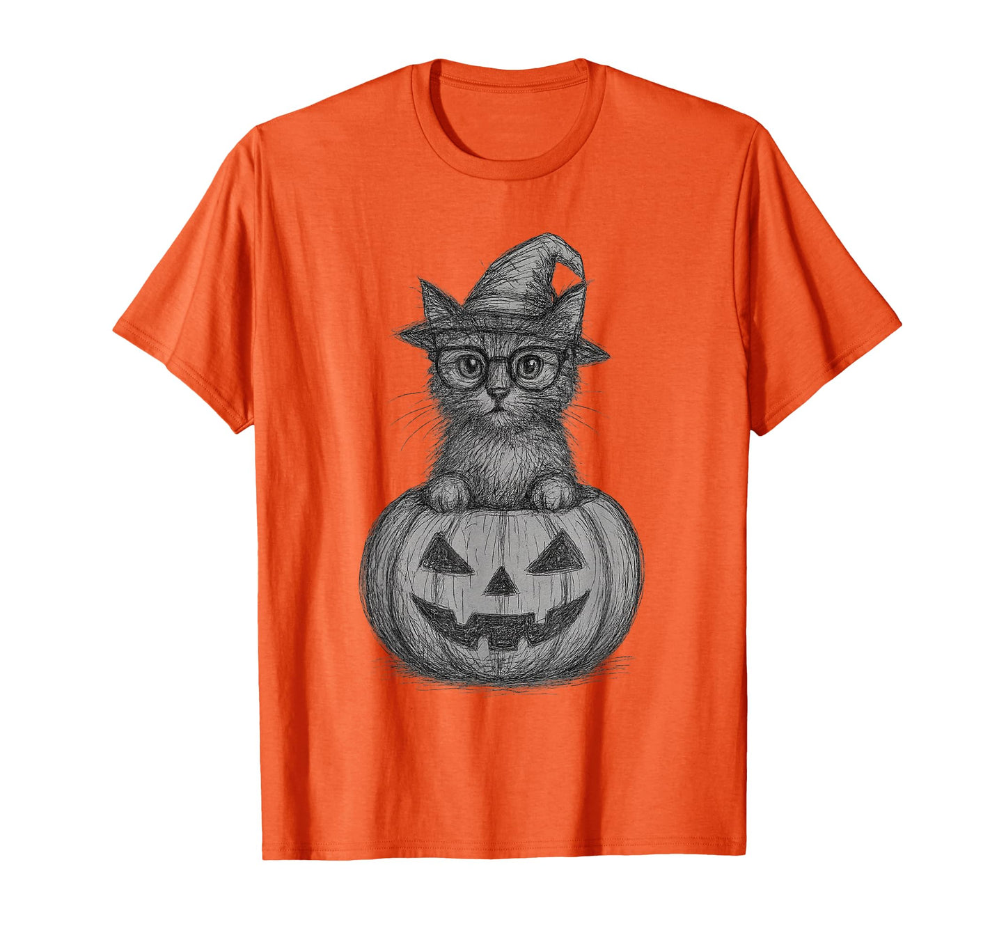 Abstract Scribble Halloween Cat in Pumpkin Witch Hat T-Shirt