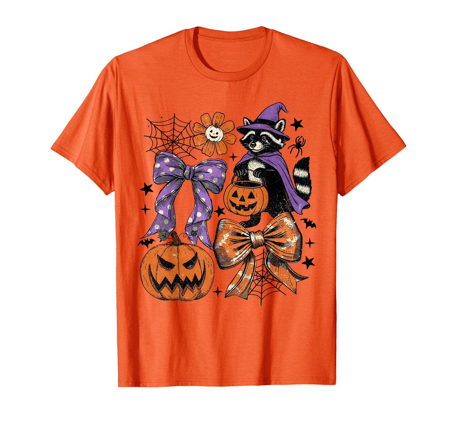 Vintage Halloween Raccoon Pumpkin Coquette Bow Spooky Season T-Shirt