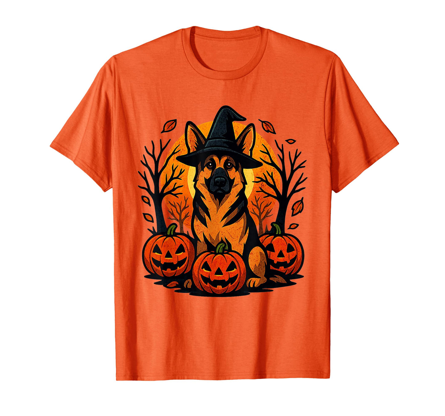 Halloween German Shepherd Witch Hat Pumpkins Autumn Leaves T-Shirt