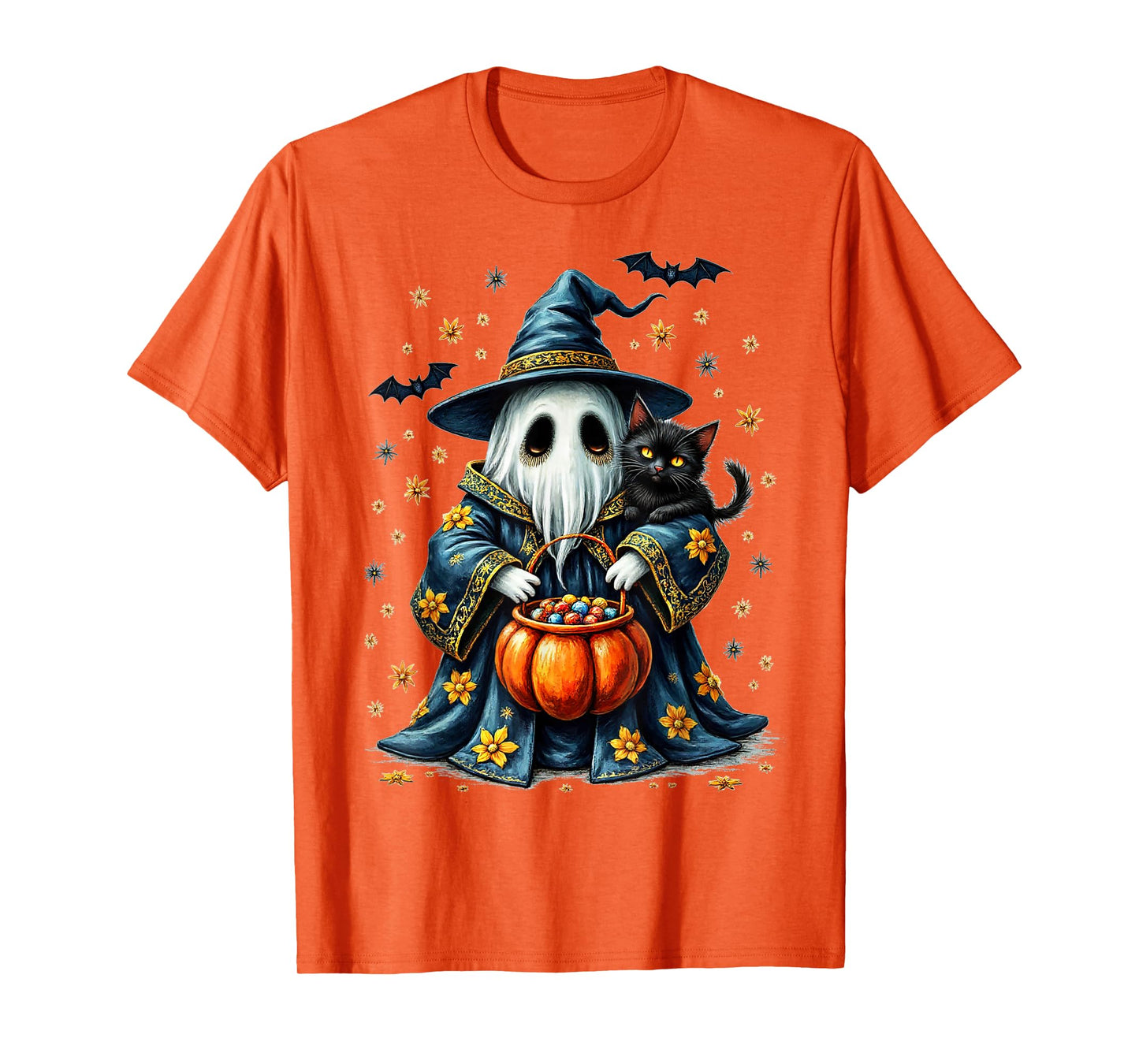 Ghost Holding Black Cat Lover Halloween 2025 Groovy Floral T-Shirt