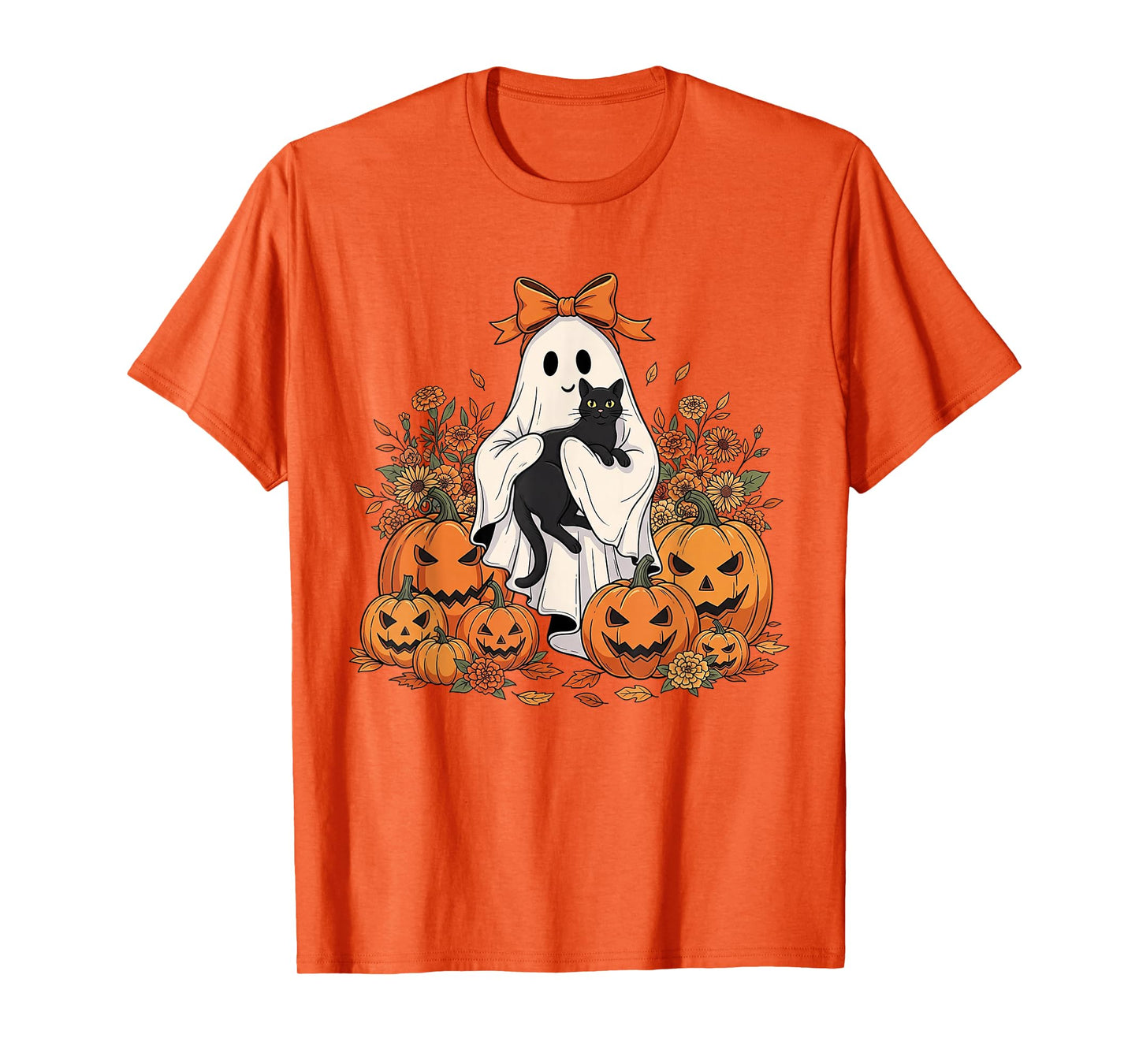 Vintage Halloween Ghost Holding Black Floral cat Ghost T-Shirt