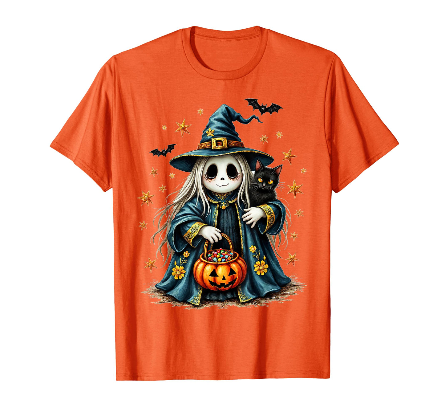 Ghost Holding Black Cat Lover Halloween 2025 Groovy Floral T-Shirt