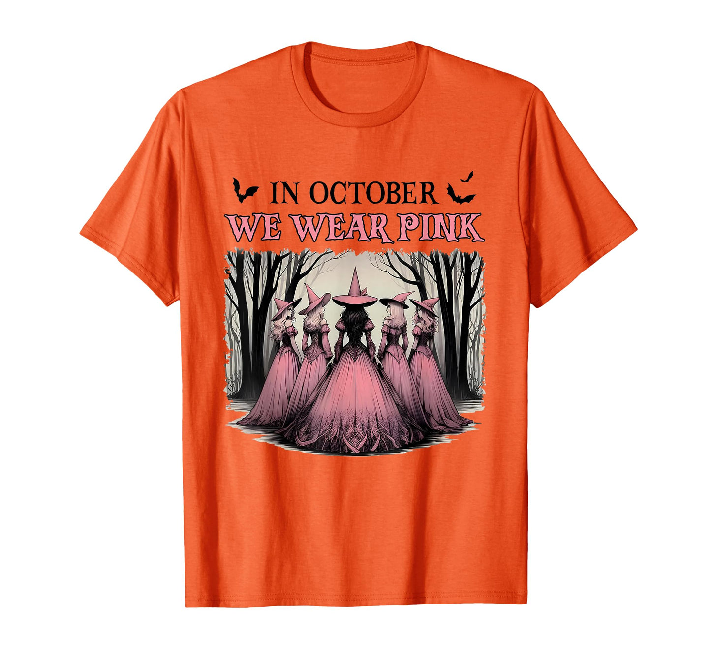 in October We Wear Pink Halloween Salem Witch Breast Cancer T-Shirt