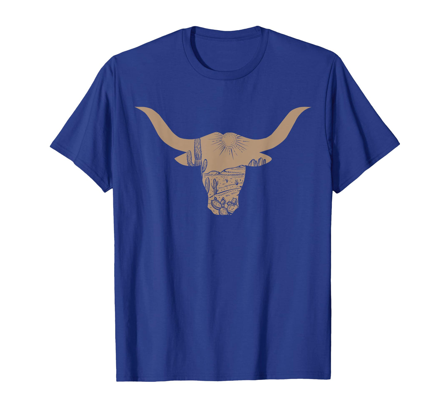Vintage Western Rodeo Longhorn Cow Skull Desert Background T-Shirt