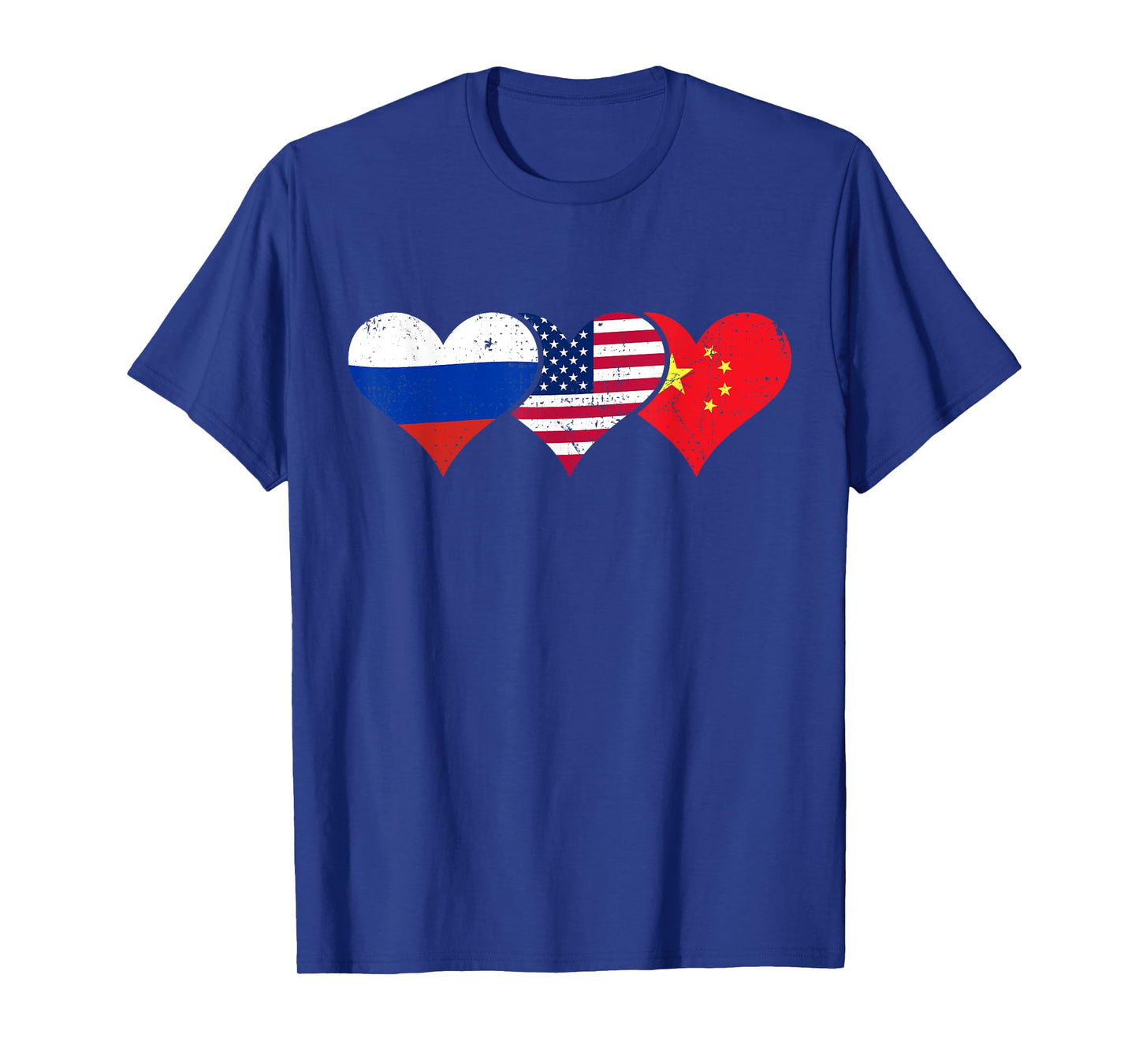 Russia, USA & China Flags – Russian American Chinese Hearts T-Shirt