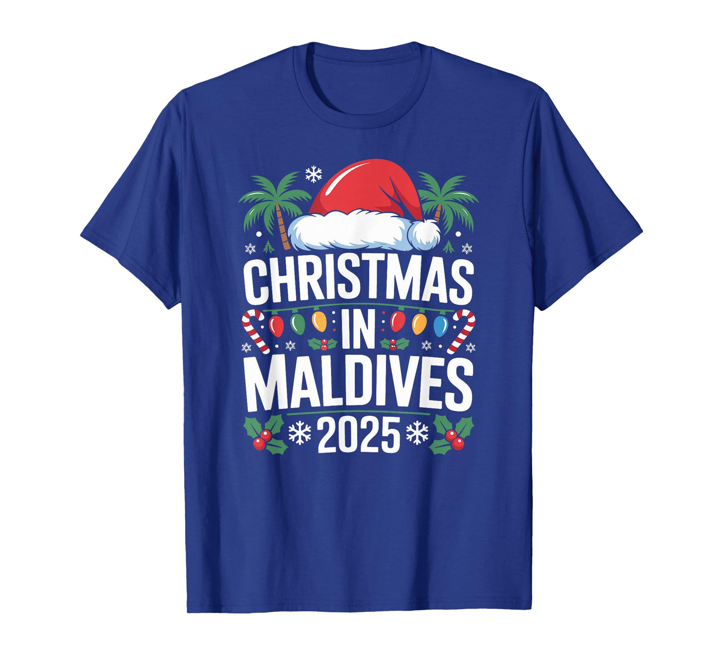 Fun Tropical Santa Hat and Lights Christmas in Maldives 2025 T-Shirt
