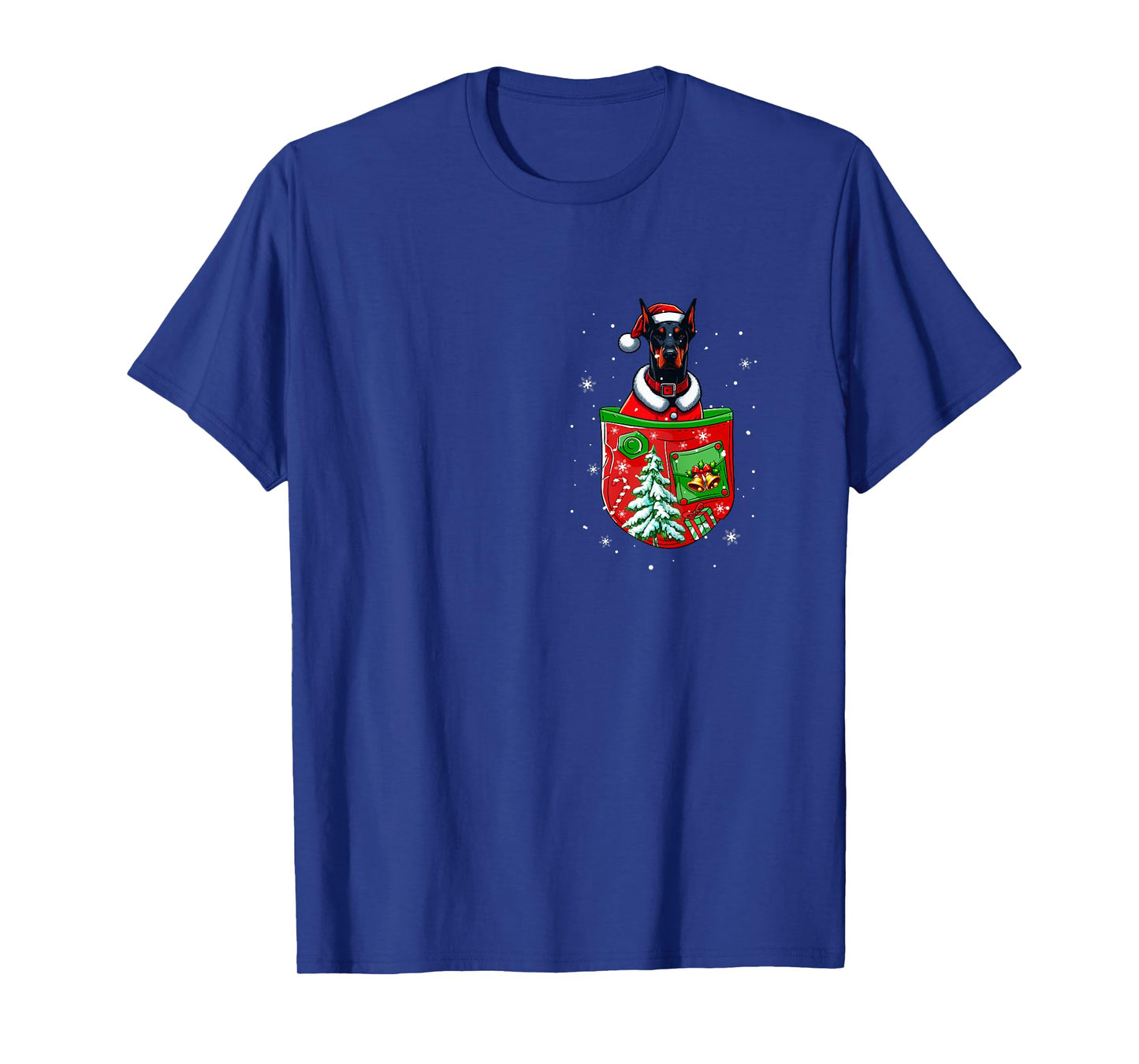 Santa Dobermann in Pocket Owner Christmas Tree Bells T-Shirt
