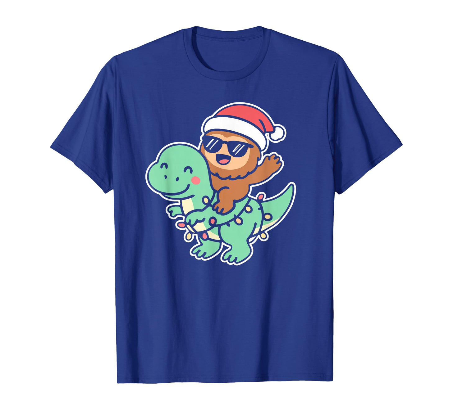 Cute Bigfoot Riding Dinosaur Christmas Tree Lights T-Shirt