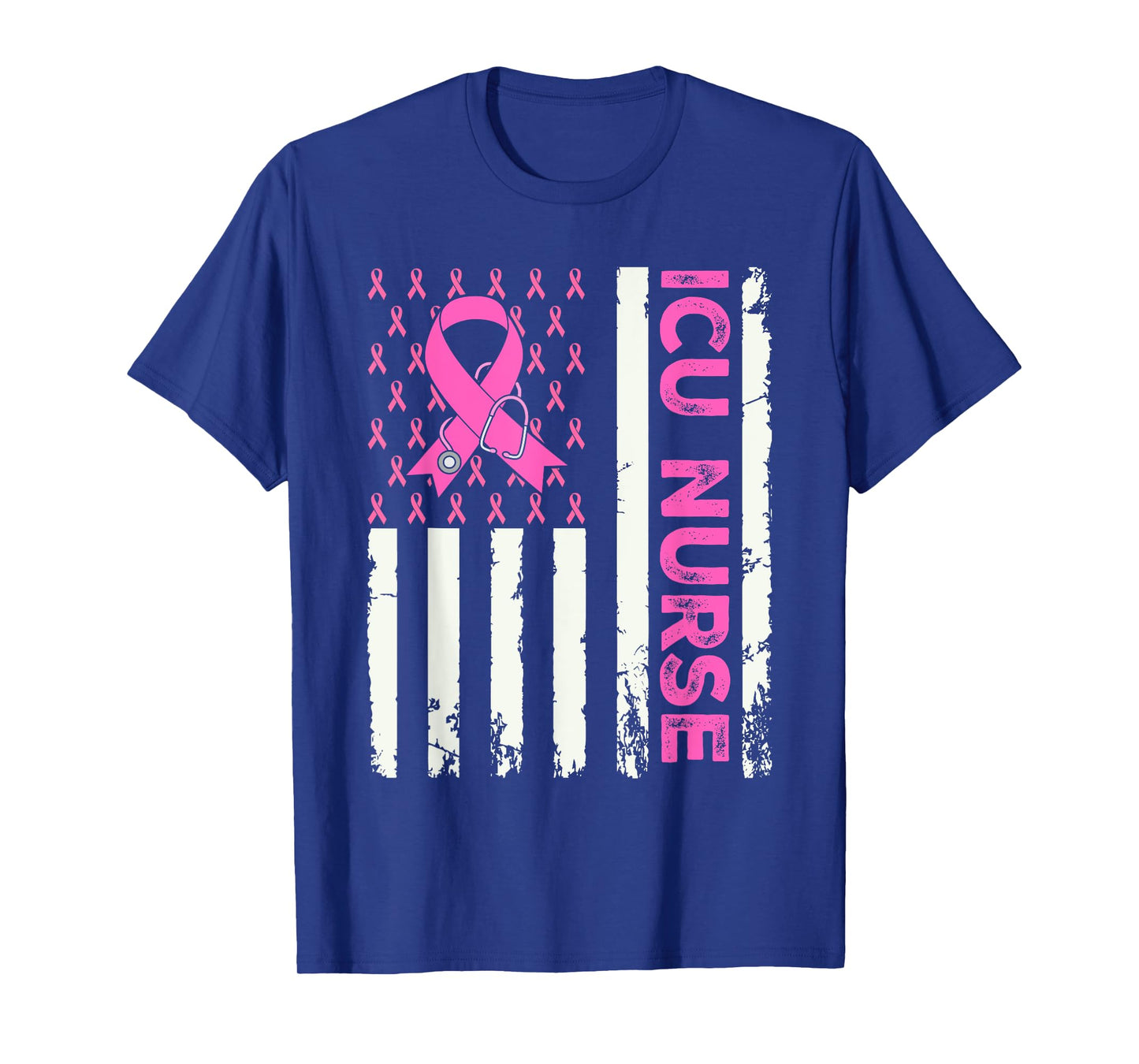 ICU Nurse American Flag Breast Cancer Awareness Pink Ribbon T-Shirt