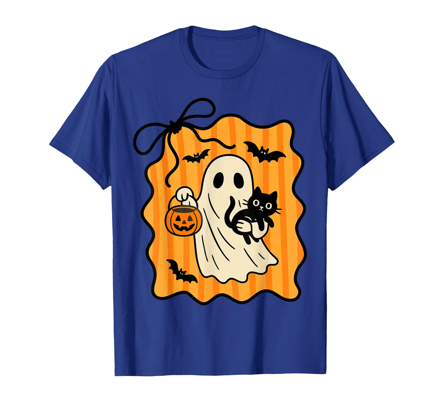 Retro Halloween Ghost Holding Cat Black Pumpkin Coquette Bow T-Shirt