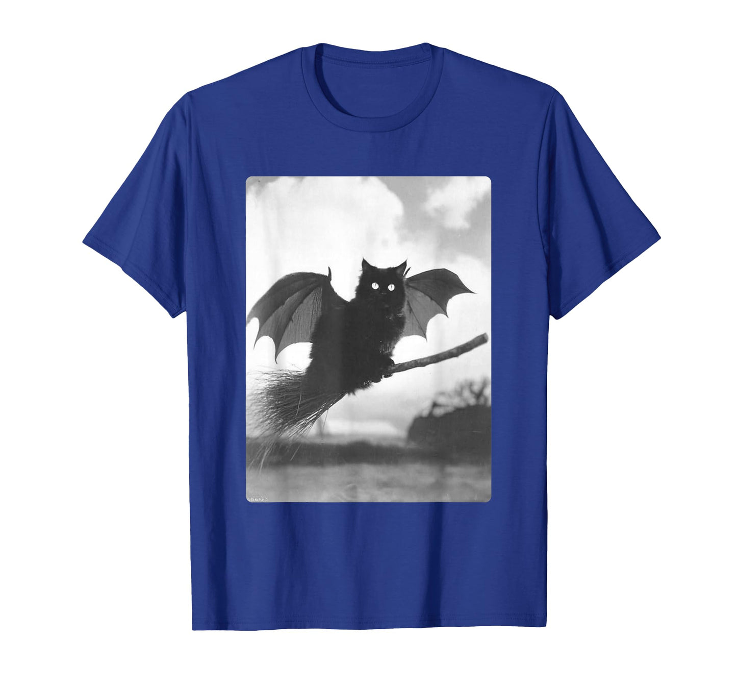 Black Cat Flying with Witch Broom Bat Wings Spooky Halloween T-Shirt