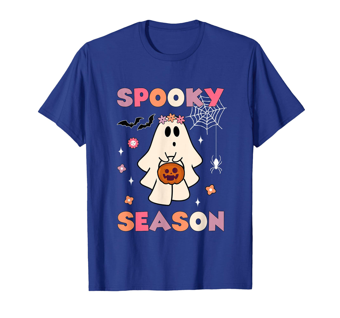 Funny Ghost Holding Pumpkin Halloween Groovy Spooky Season T-Shirt