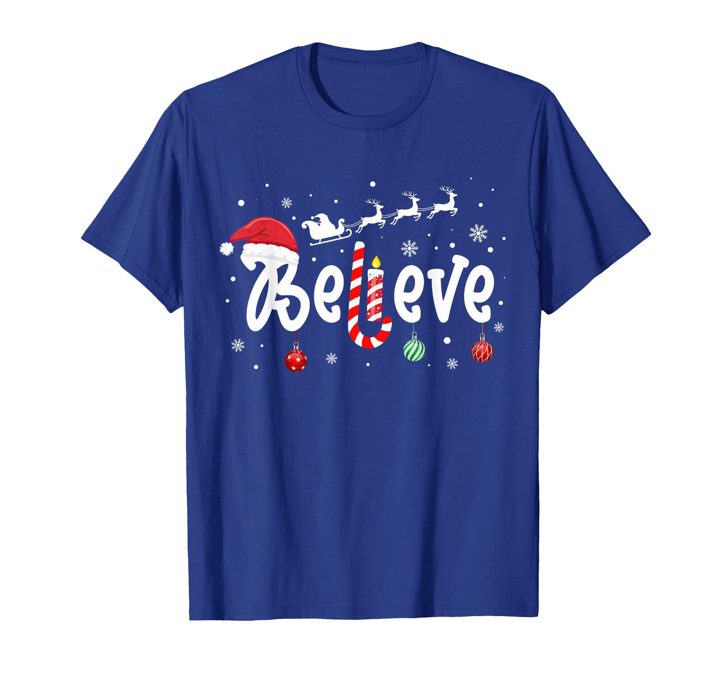 Believe in Santa Christmas Reindeer Candy Cane Xmas Holiday T-Shirt
