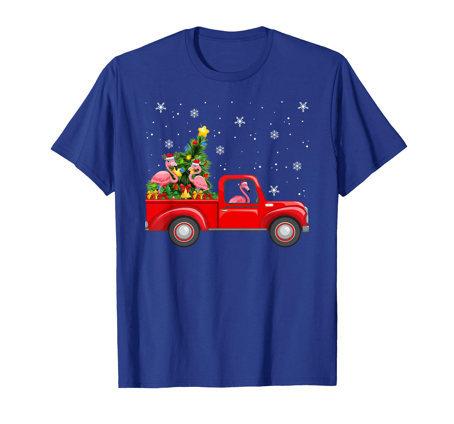 Flamingo Riding Red Truck Christmas Tree Decor Funny Xmas T-Shirt