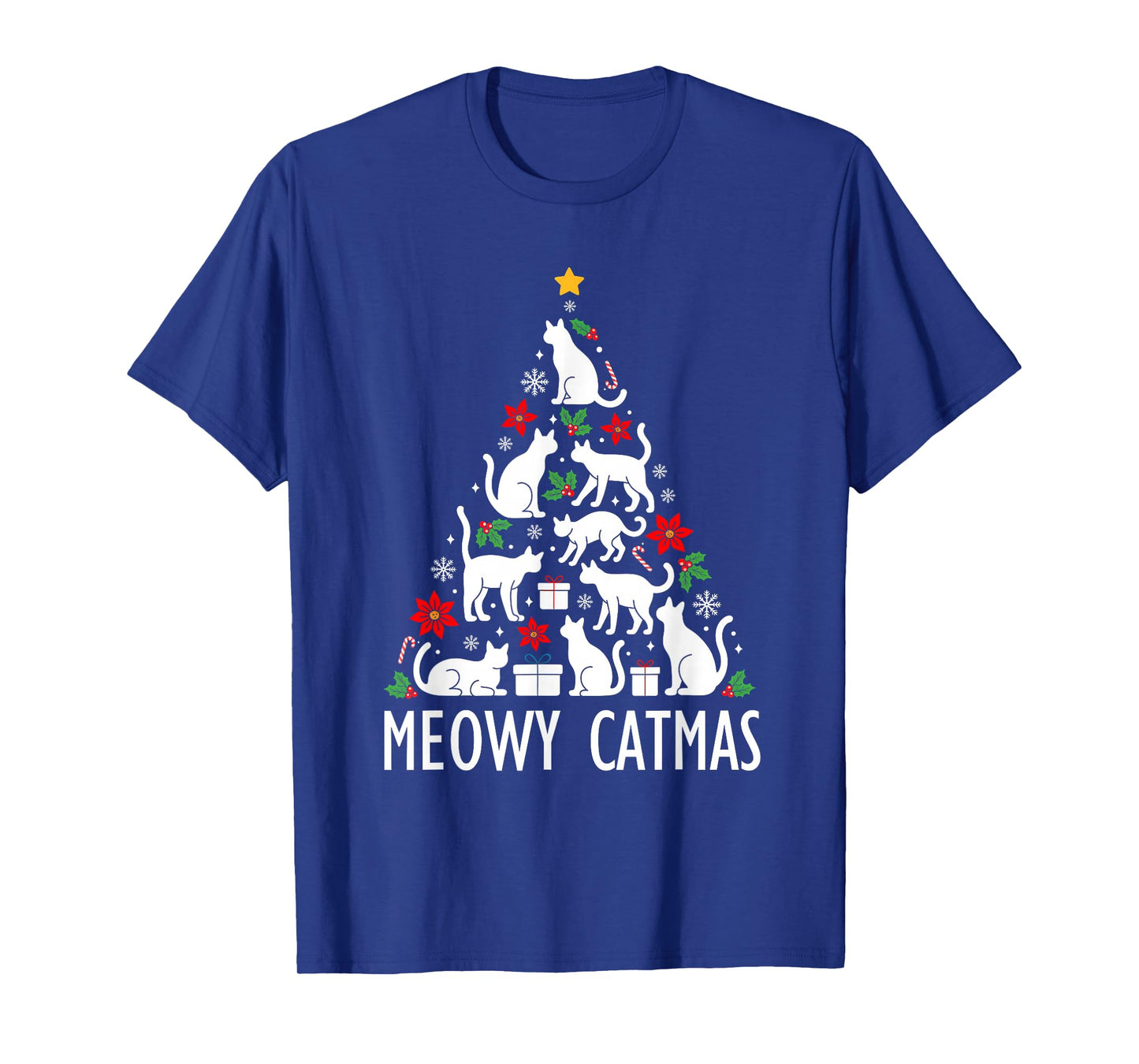 Meowy Catmas Christmas Tree Lights Santa Hat Xmas Cat Lovers T-Shirt