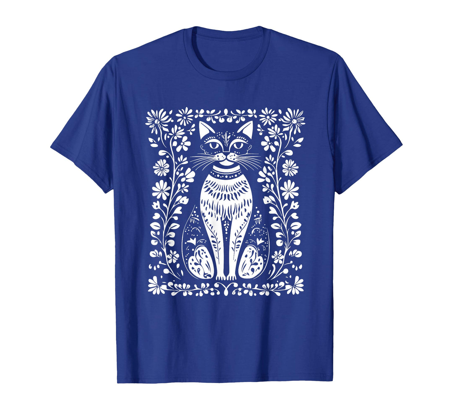 Cat Lovers Folk Art Cat Floral T-Shirt