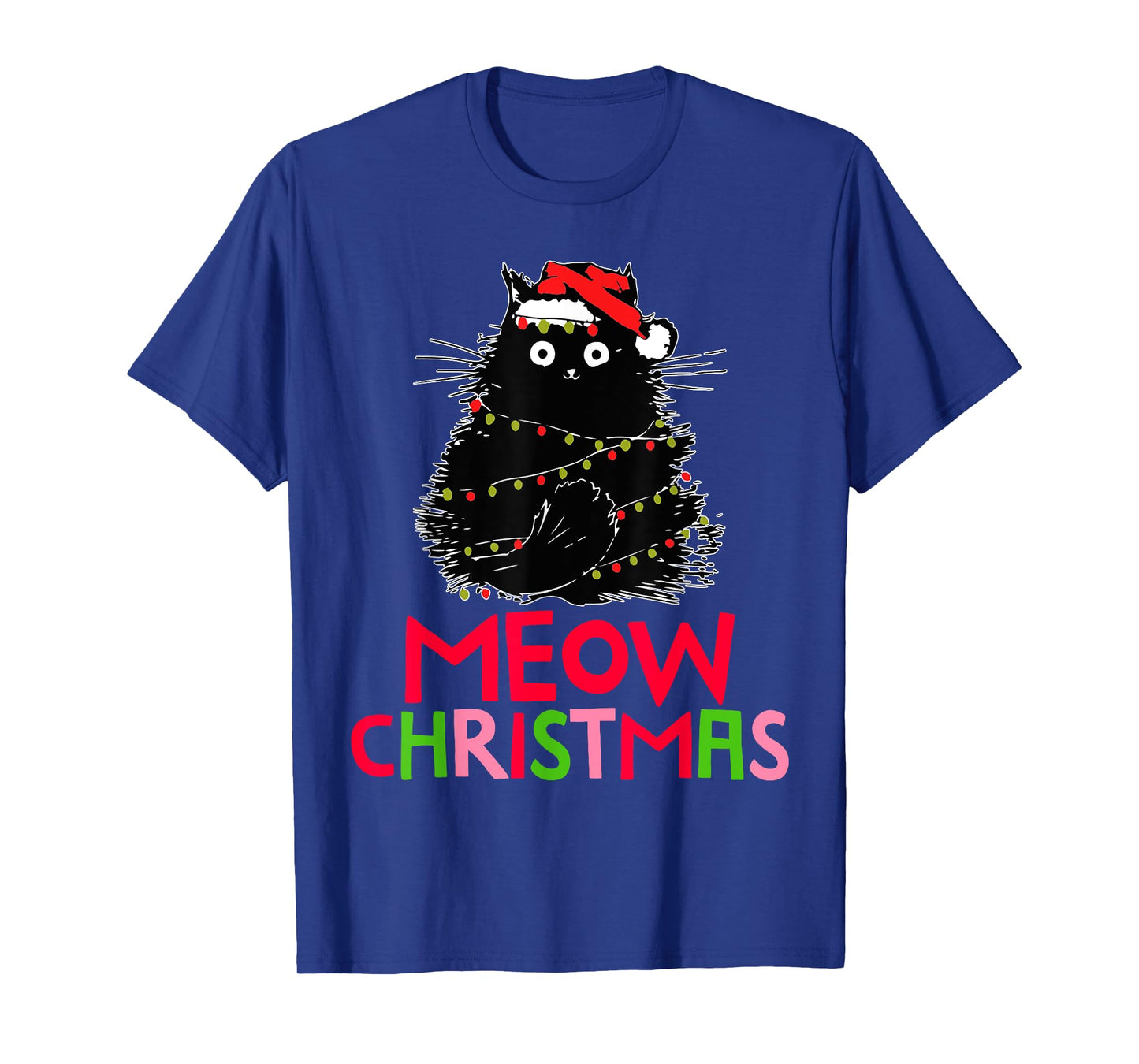 Funny Cute Black Cat Santa Christmas Lights Meow Women Men T-Shirt