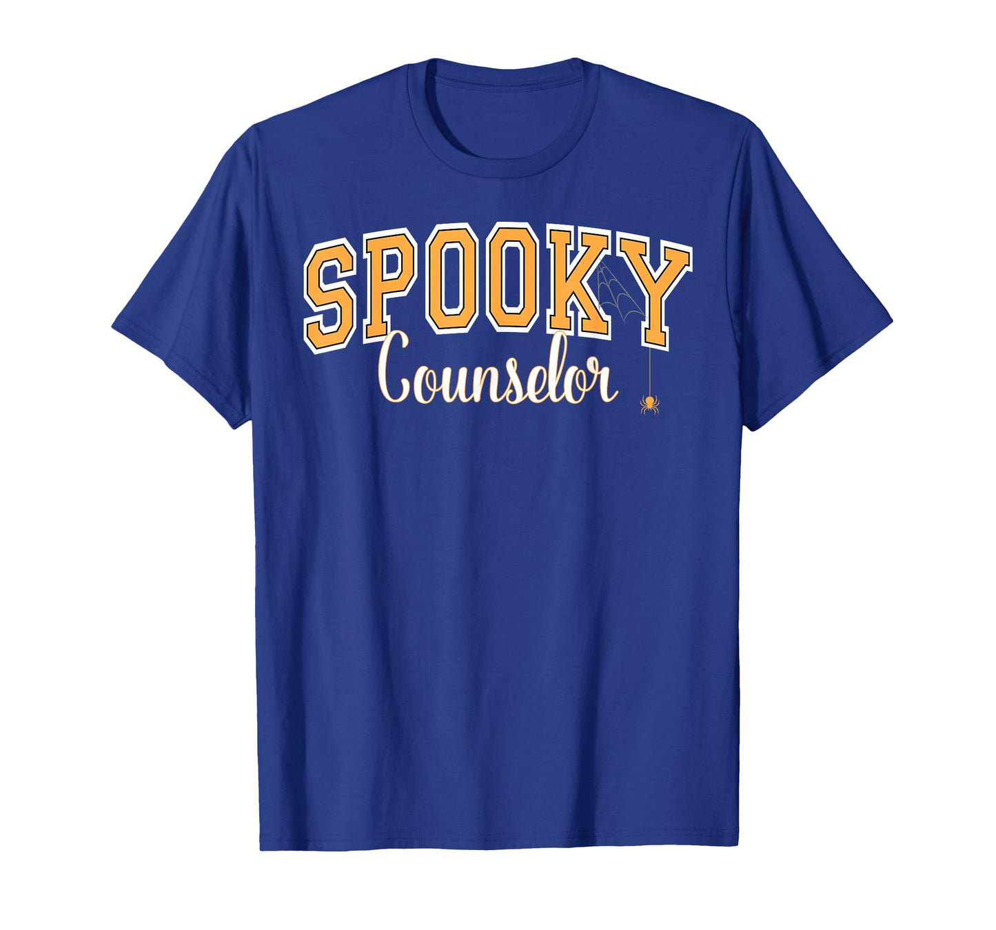 Spooky Counselor Halloween Spider Varsity Orange Letters T-Shirt