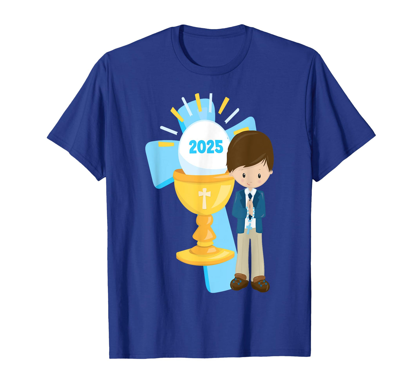 Brunette Boy First Communion 2025 Cross Chalice Rosary Blue T-Shirt