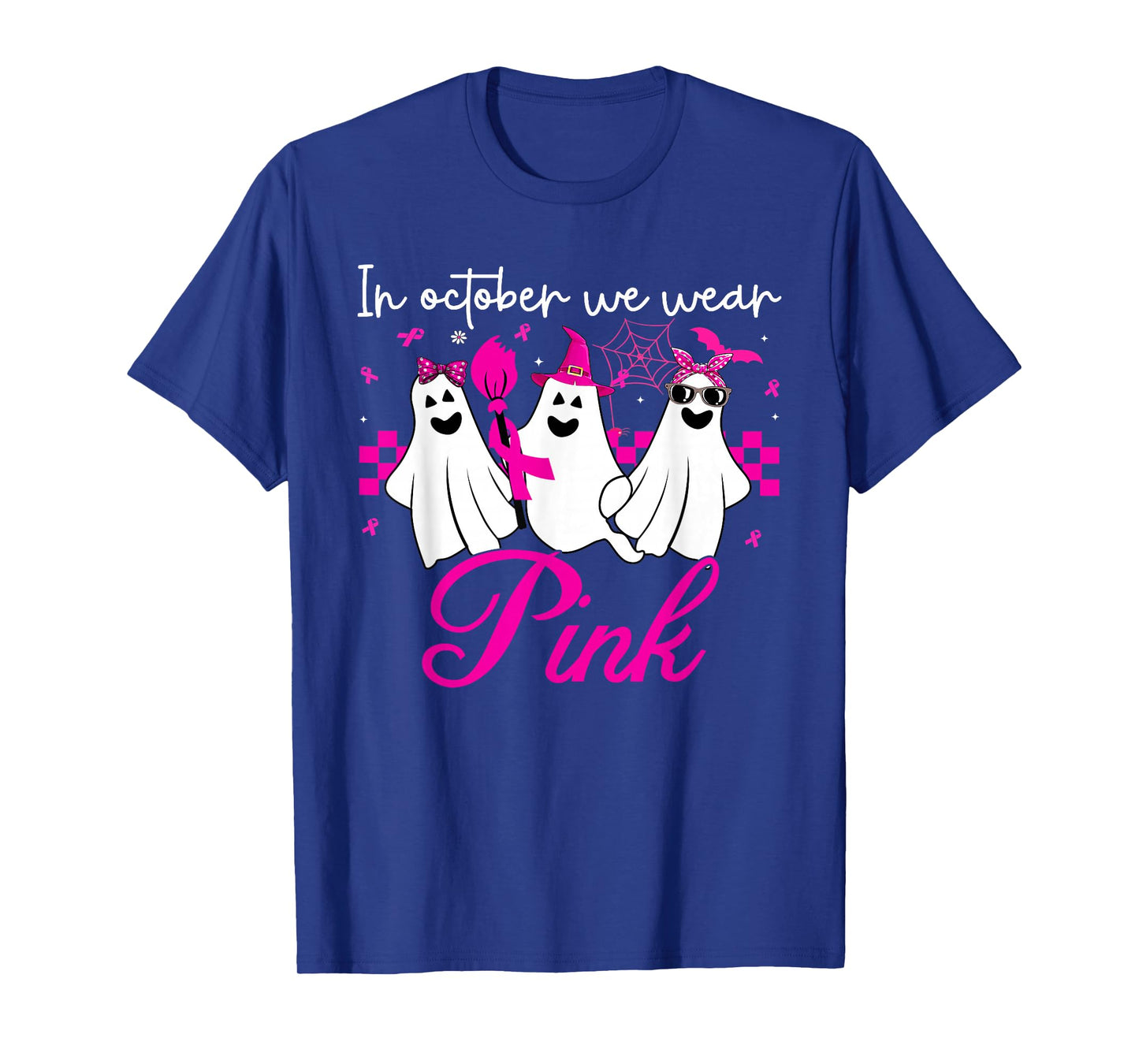 in October We Wear Pink Ghost Witch Breast Cancer Awareness T-Shirt