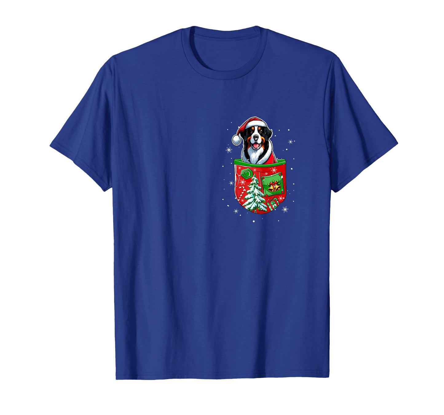 Santa Bernese Mountain in Pocket Owner Christmas Tree Bells T-Shirt