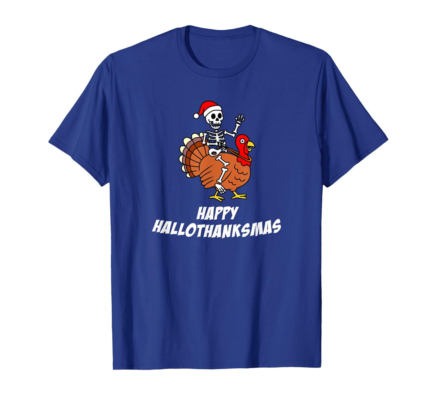 Happy HalloThanksMas Skeleton Santa Hat Turkey Holiday T-Shirt