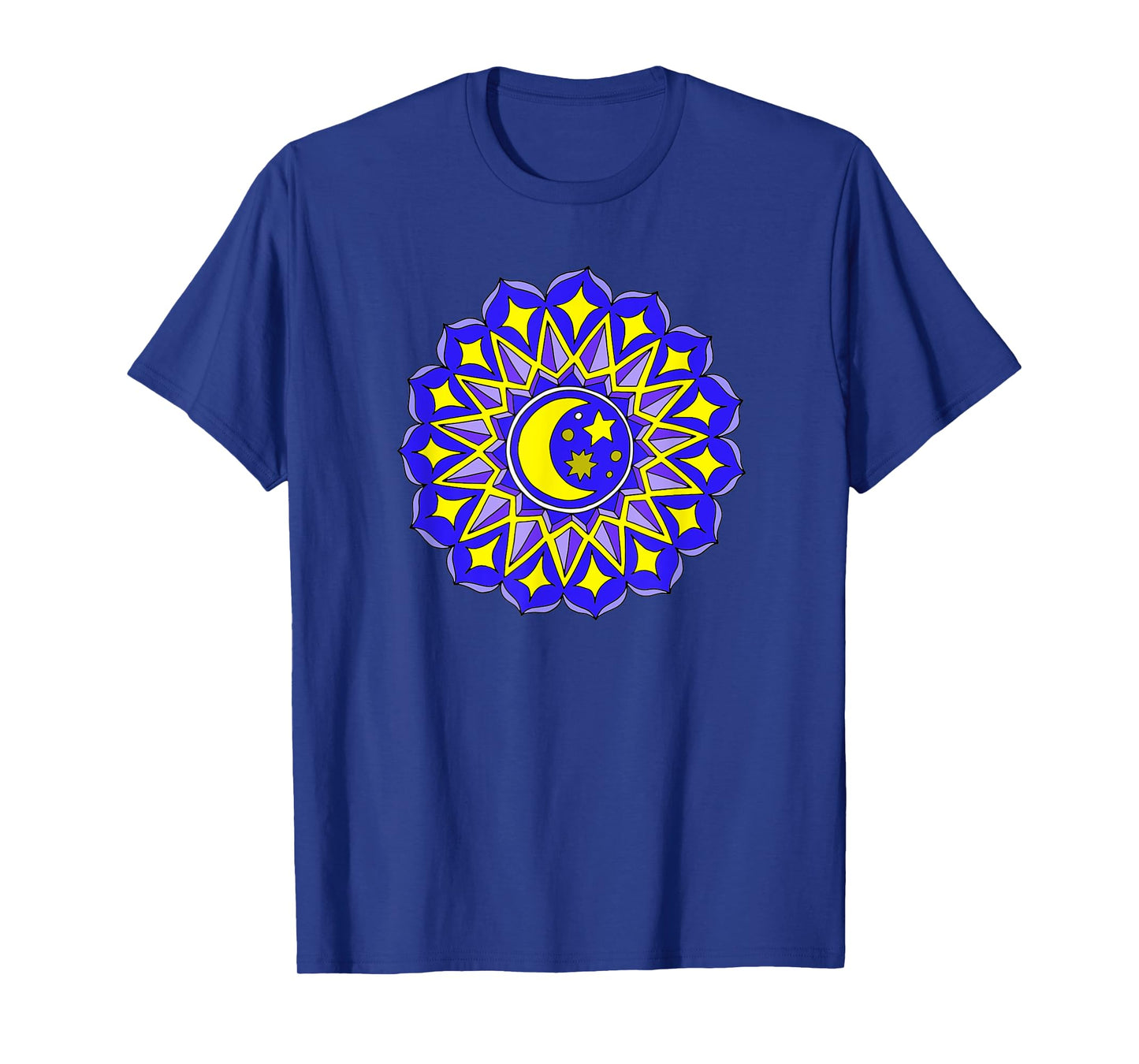 Mandala Moon Stars Blue Yellow Yoga Design Hindu Buddhist T-Shirt