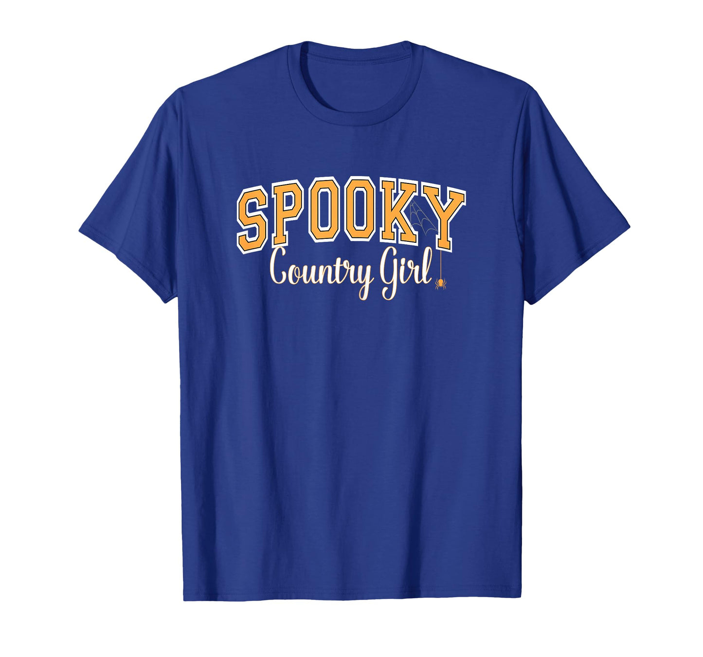 Spooky Country Girl Halloween Spider Varsity Orange Letters T-Shirt