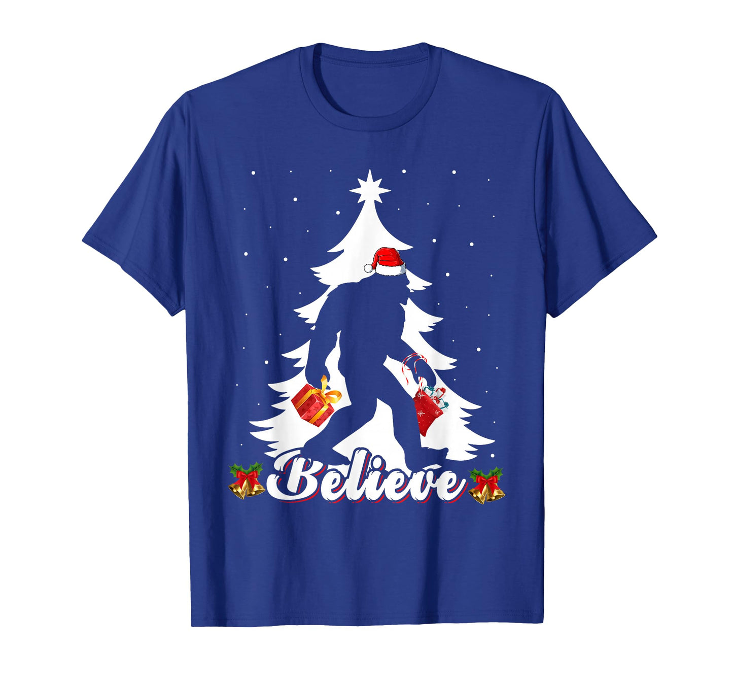 Bigfoot Believe Christmas Tree Funny Santa Sasquatch Xmas T-Shirt