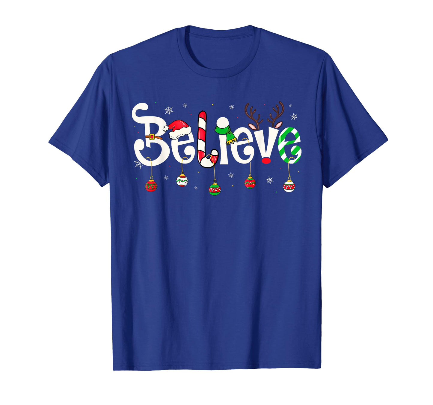 Merry Christmas Believe Santa Claus Reindeer Candy Cane Xmas T-Shirt