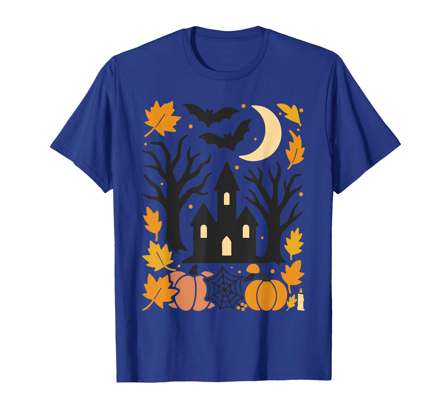 Haunted House Pumpkin Moon Bats Autumn Leaves Halloween T-Shirt