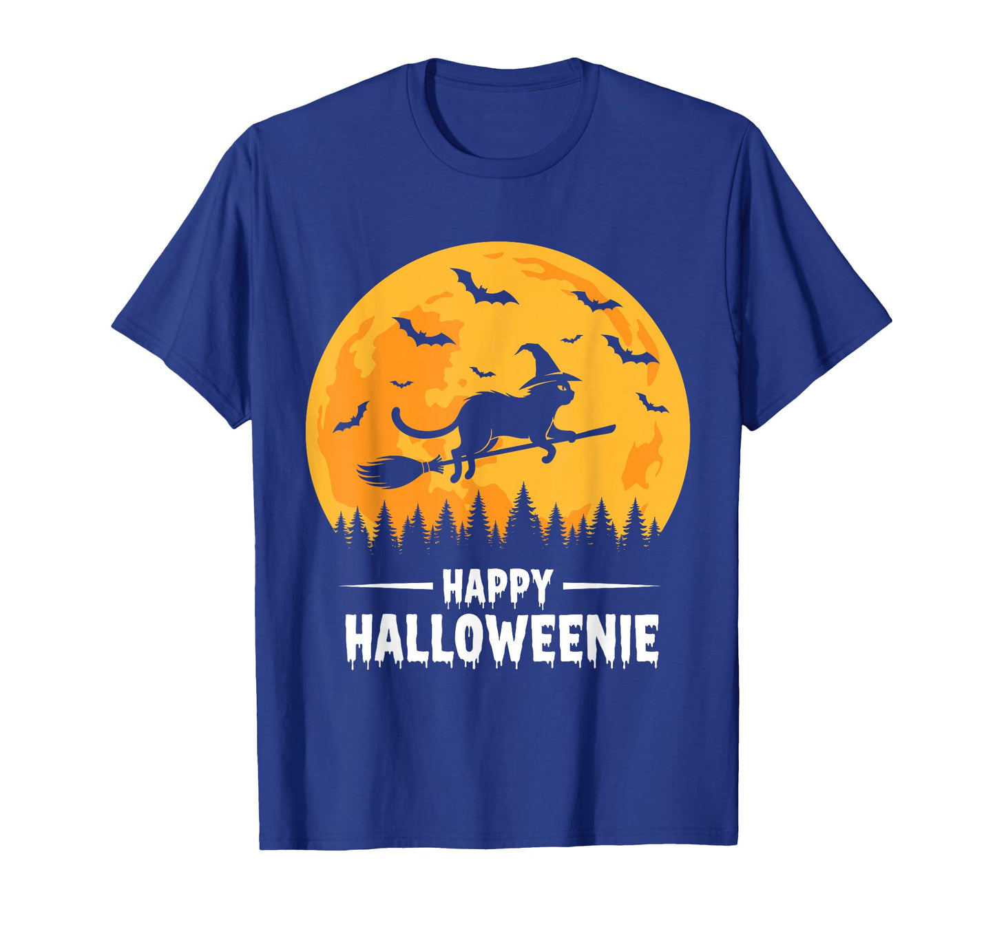 Happy Halloweenie Funny Halloween Cat Flying Witch T-Shirt