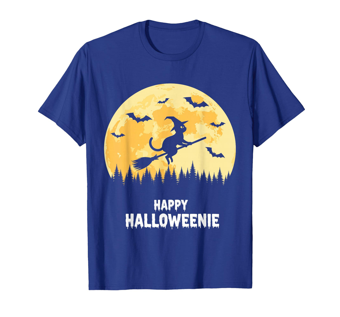 Happy Halloweenie Funny Halloween Cat Flying Witch T-Shirt
