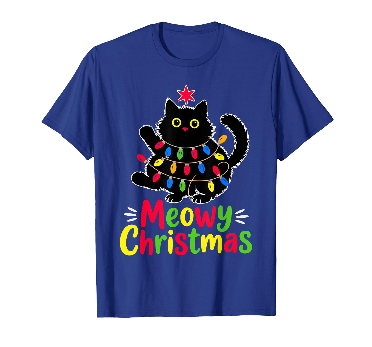 Meowy Christmas Xmas Lights Black Cat Funny Men Women Kids T-Shirt