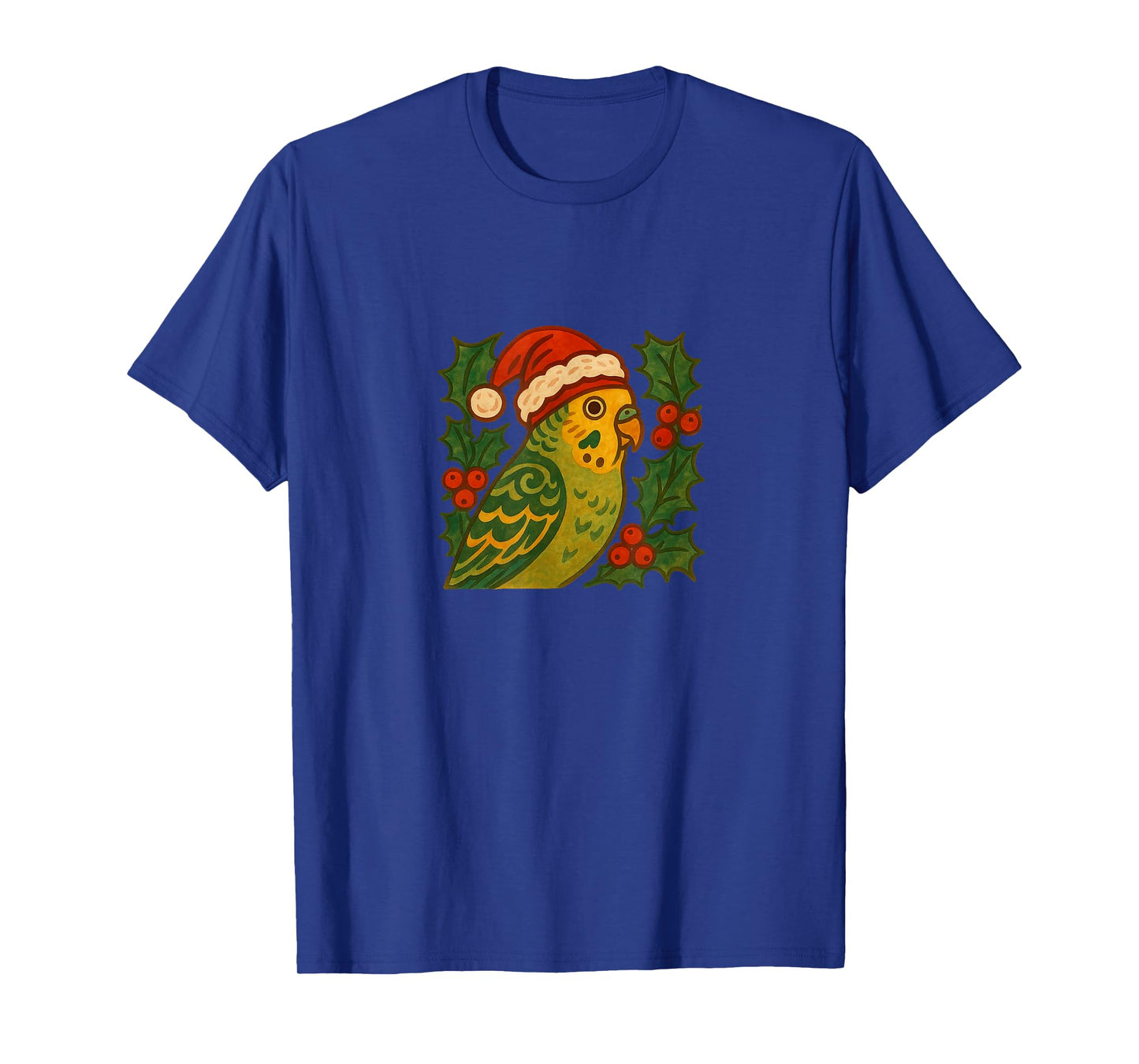 Parakeet in Santa Hat with Christmas Holly T-Shirt