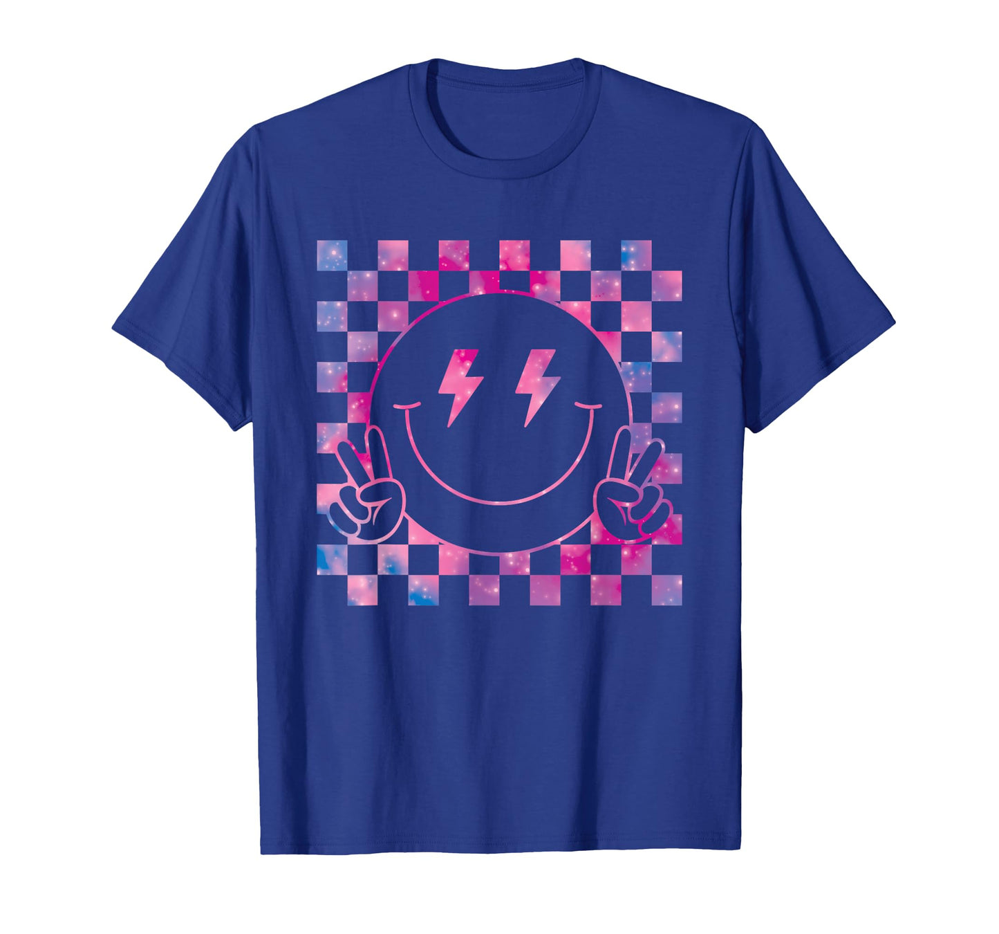 Checkered Lightning Bolt Eyes Happy Smiling Smile Face Peace T-Shirt