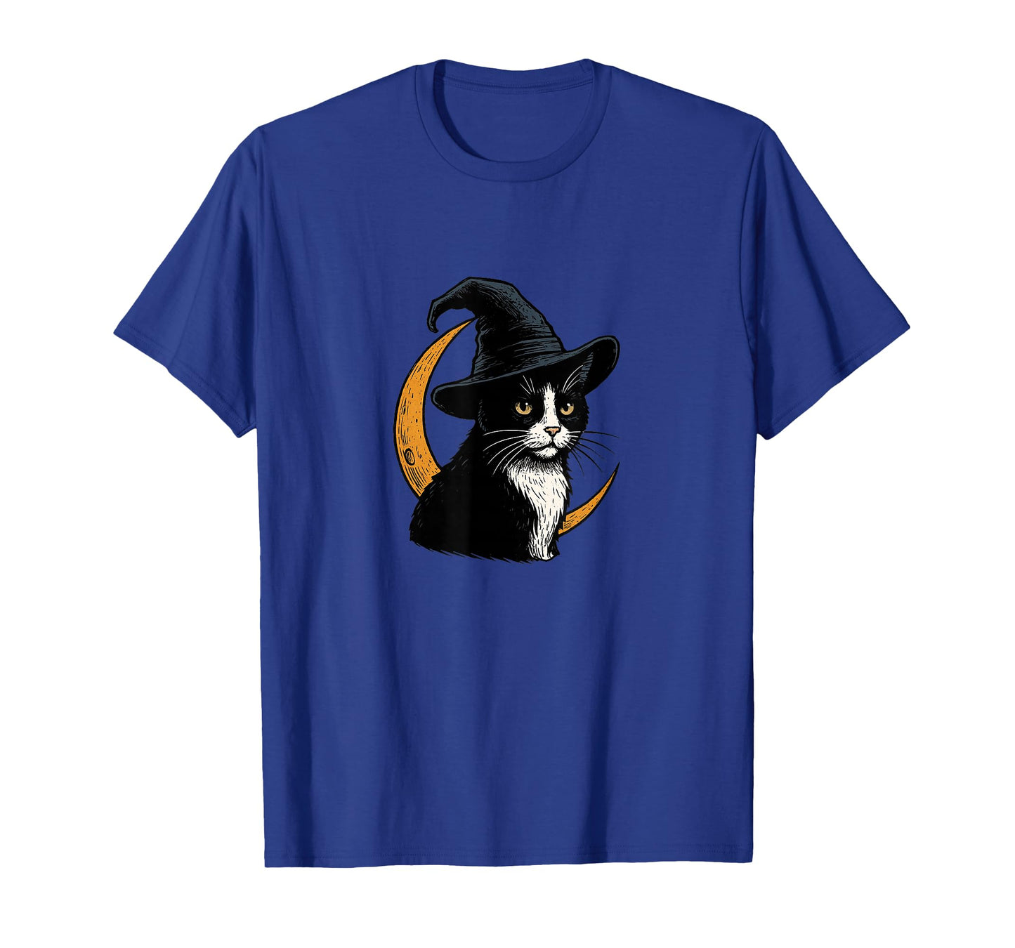 Black White Tuxedo Cat Witch Halloween Crescent Moon Design T-Shirt