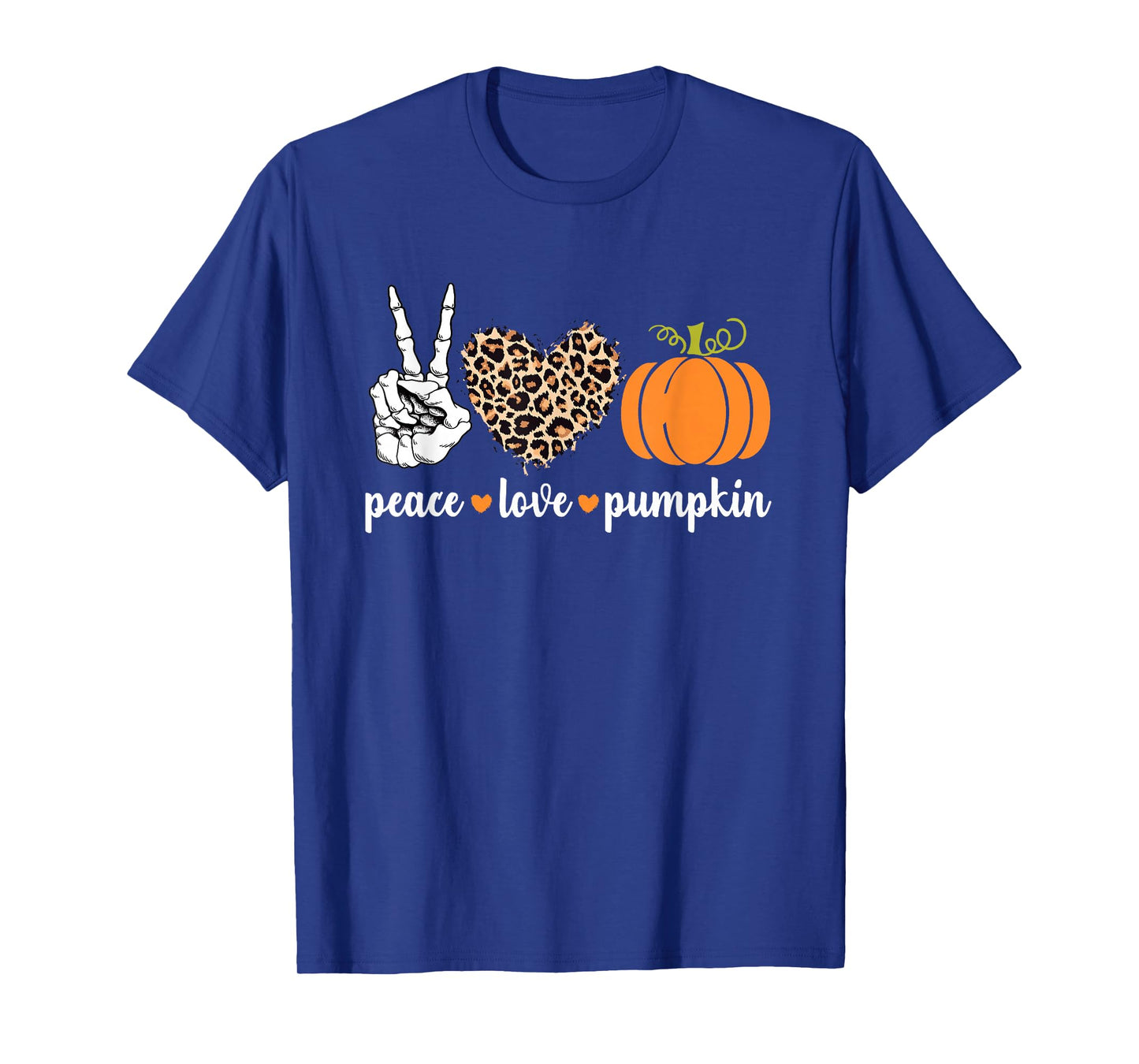Peace Love Pumpkin Halloween Leopard Pumpkin Skeleton Hands T-Shirt
