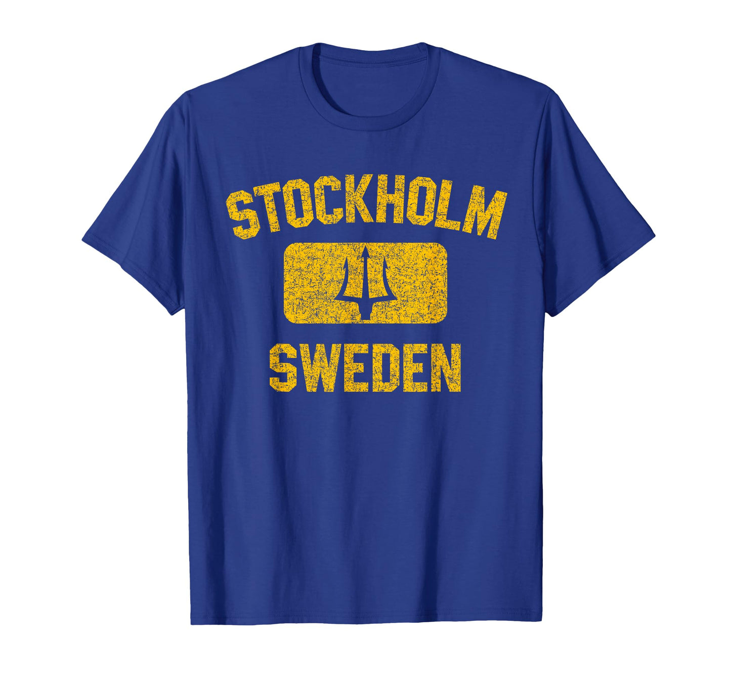 Stockholm Sweden Trident Gym Style Distressed Yellow Print T-Shirt