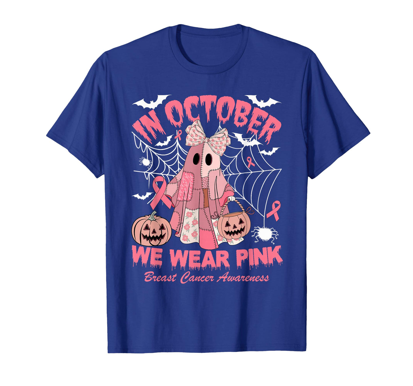 in October We Wear Pink Ghost Witch Breast Cancer Awareness T-Shirt
