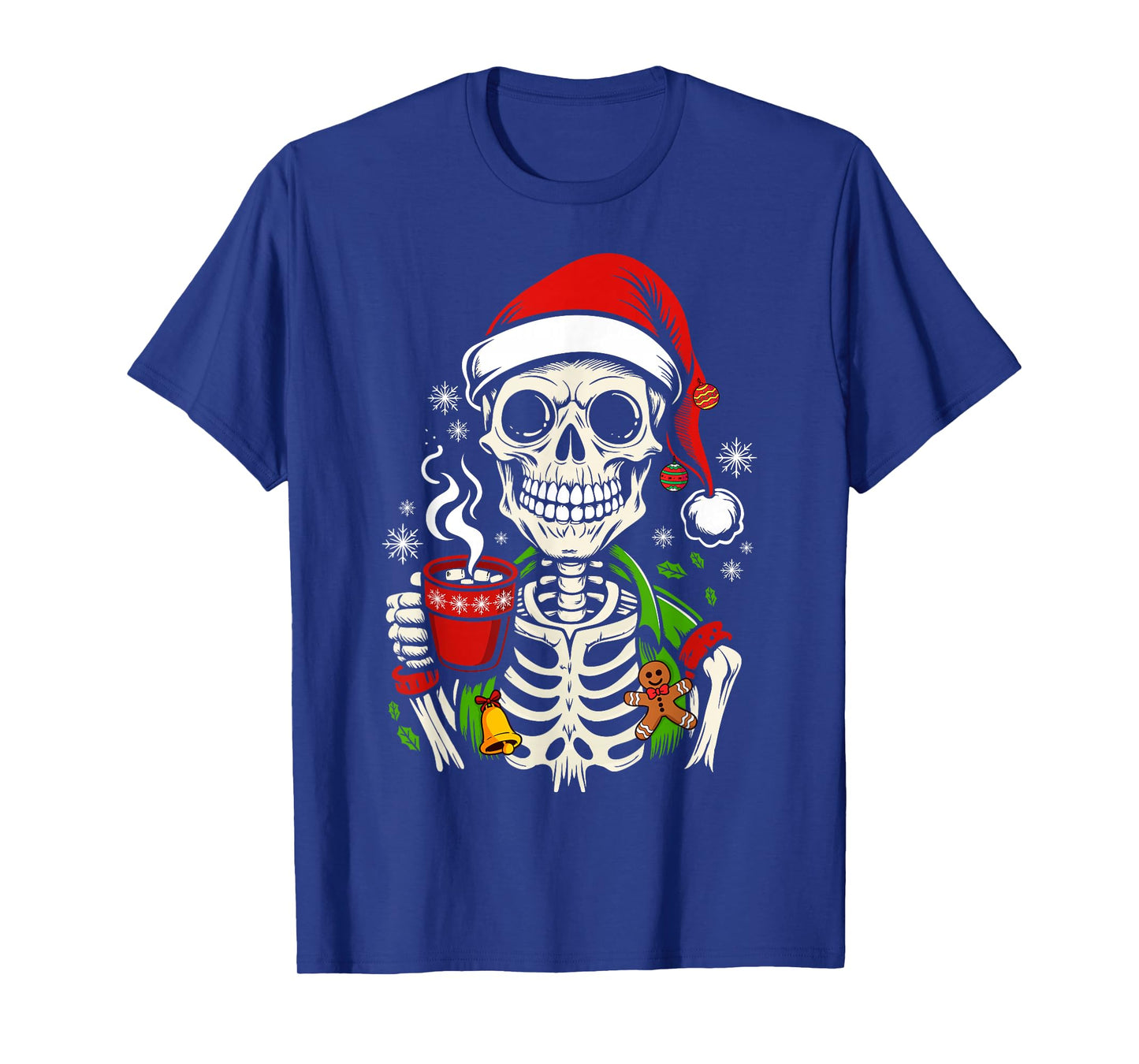 Funny Christmas Skeleton Drinking Coffee Smiling Skull Xmas T-Shirt