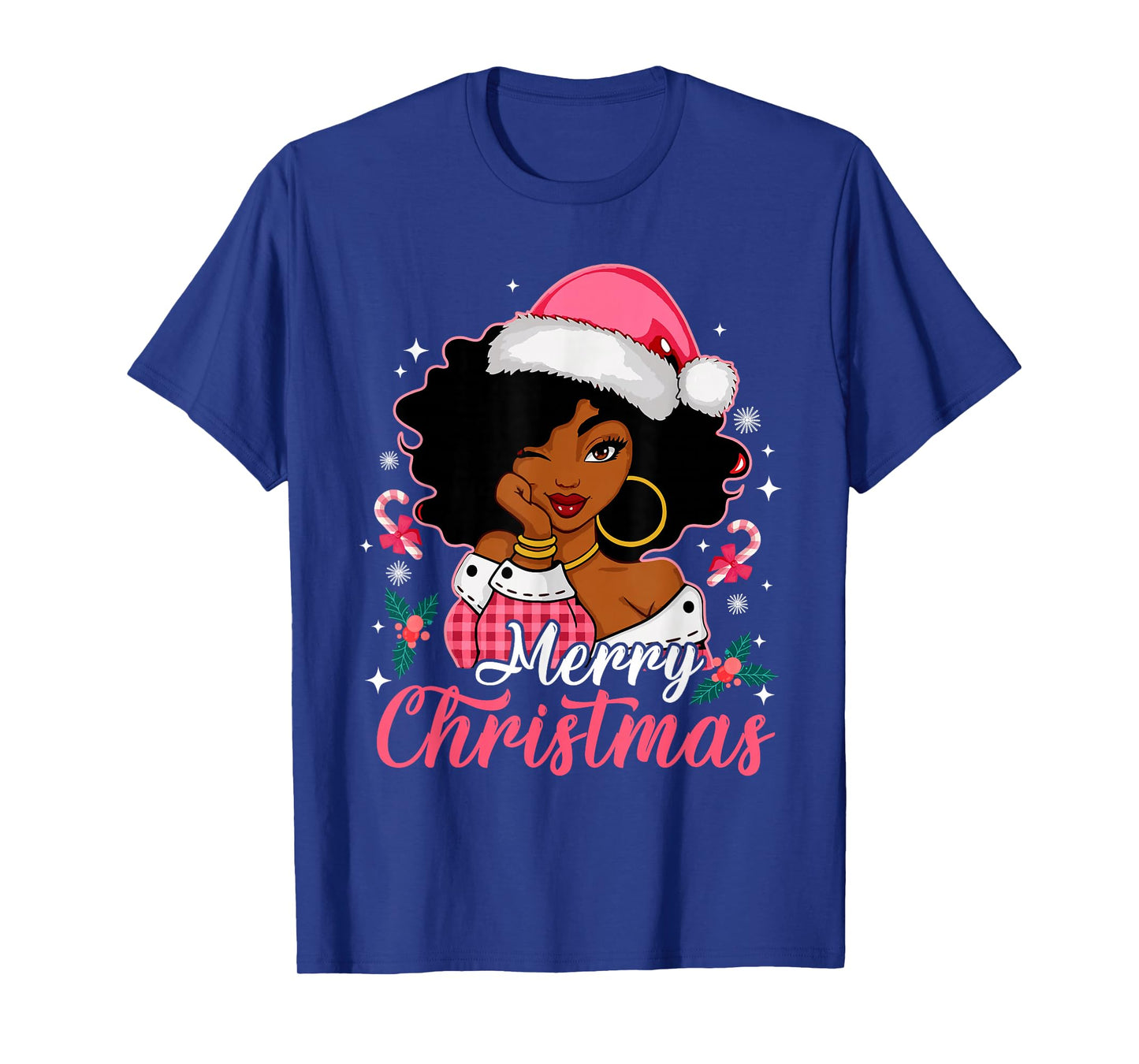 Merry Christmas Black Afro African American Girl Santa Hat T-Shirt